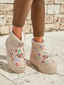 Buty Ocieplane Callisto Angelico z Rysunkami Dziecięcymi na Platformie Beige