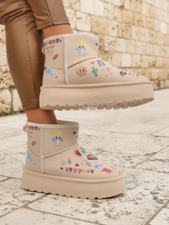 Buty Ocieplane Callisto Angelico z Rysunkami Dziecięcymi na Platformie Beige