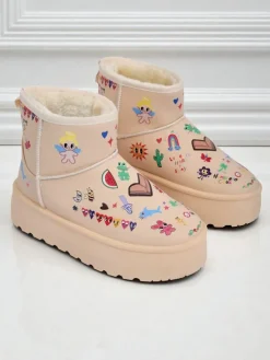 Buty Ocieplane Callisto Angelico z Rysunkami Dziecięcymi na Platformie Beige