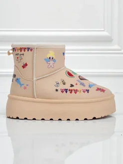 Buty Ocieplane Callisto Angelico z Rysunkami Dziecięcymi na Platformie Beige