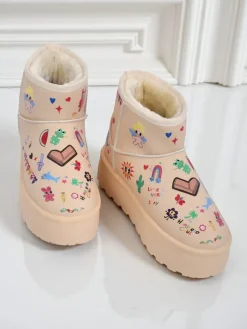 Buty Ocieplane Callisto Angelico z Rysunkami Dziecięcymi na Platformie Beige