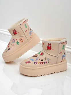 Buty Ocieplane Callisto Angelico z Rysunkami Dziecięcymi na Platformie Beige