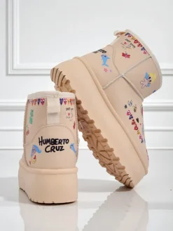 Buty Ocieplane Callisto Angelico z Rysunkami Dziecięcymi na Platformie Beige