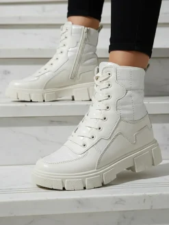 Calista Obuwie Damskie Modne Płaskie Botki Kremowe