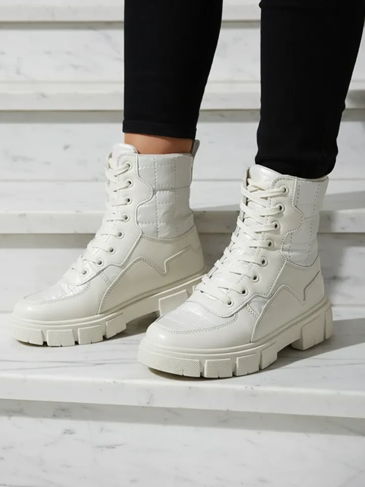 Calista Obuwie Damskie Modne Płaskie Botki Kremowe