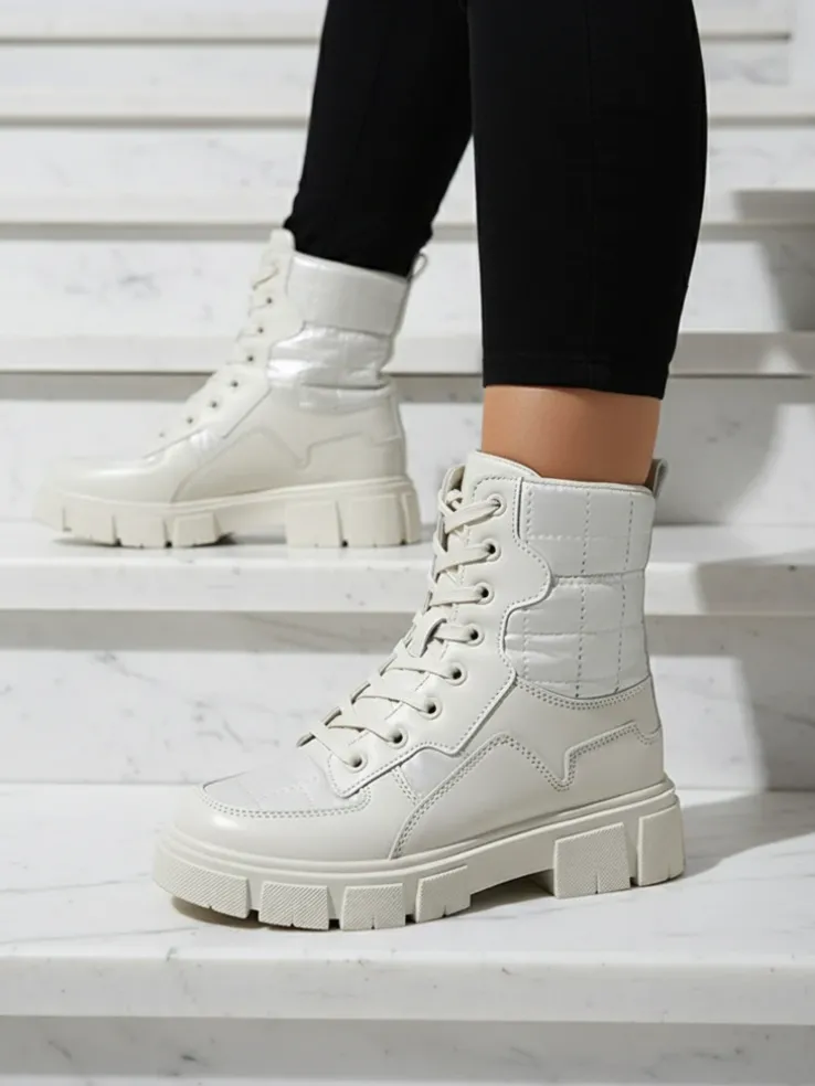 Calista Obuwie Damskie Modne Płaskie Botki Kremowe