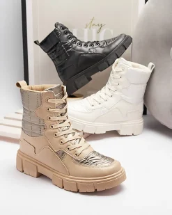 Calista Obuwie Damskie Modne Płaskie Botki Kremowe