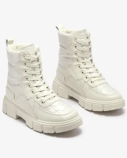 Calista Obuwie Damskie Modne Płaskie Botki Kremowe