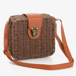 Ciemnobrązowa słomiana torebka typu kuferek - Torebki