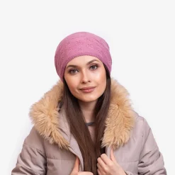 Ciemnoróżowa ciepła damska dwuwarstwowa czapka - Akcesoria