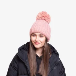 Ciemnoróżowa damska ocieplana błyszcząca czapka z pomponem - Akcesoria