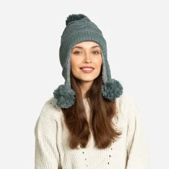 Ciemnoszara damska ocieplana czapka z pomponami - Akcesoria