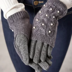 Ciemnoszare damskie rękawiczki mitenki z perełkami - Akcesoria