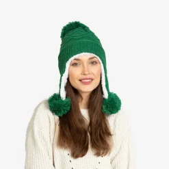 Ciemnozielona damska ocieplana czapka z pomponami - Akcesoria