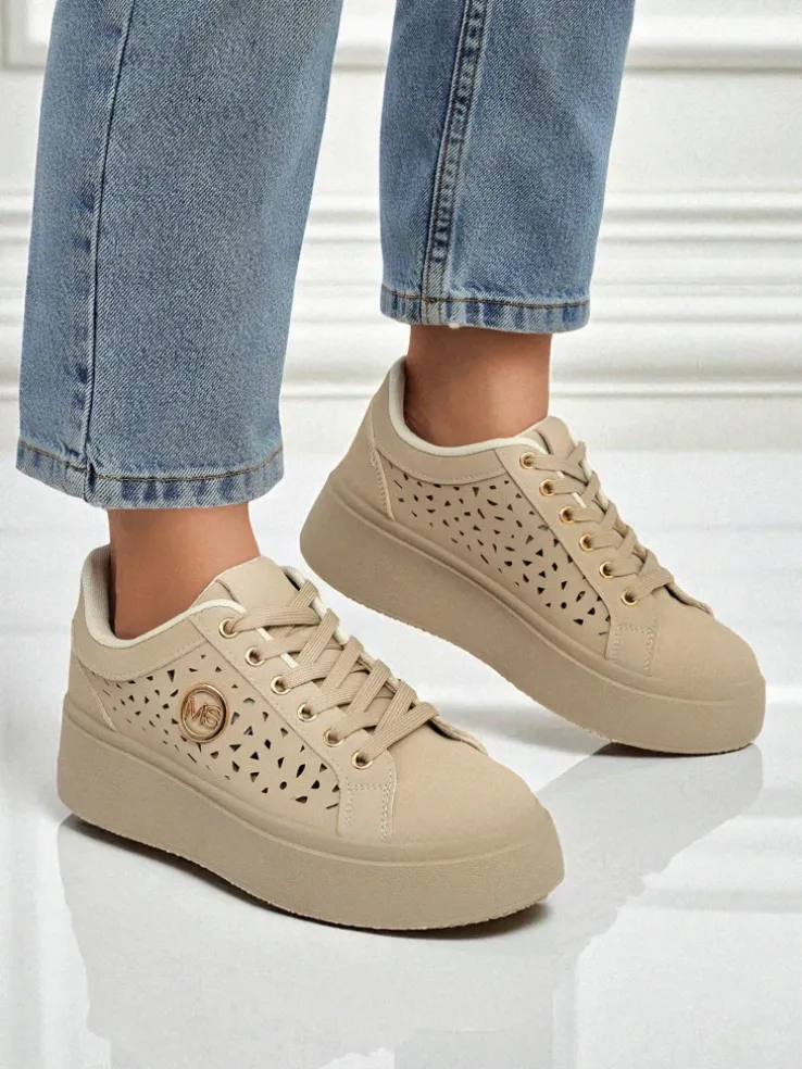 Cleo Ecru Platino – beżowe sneakersy na platformie Royalfashion skóra eko