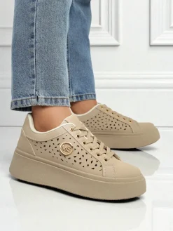 Cleo Ecru Platino – beżowe sneakersy na platformie Royalfashion skóra eko