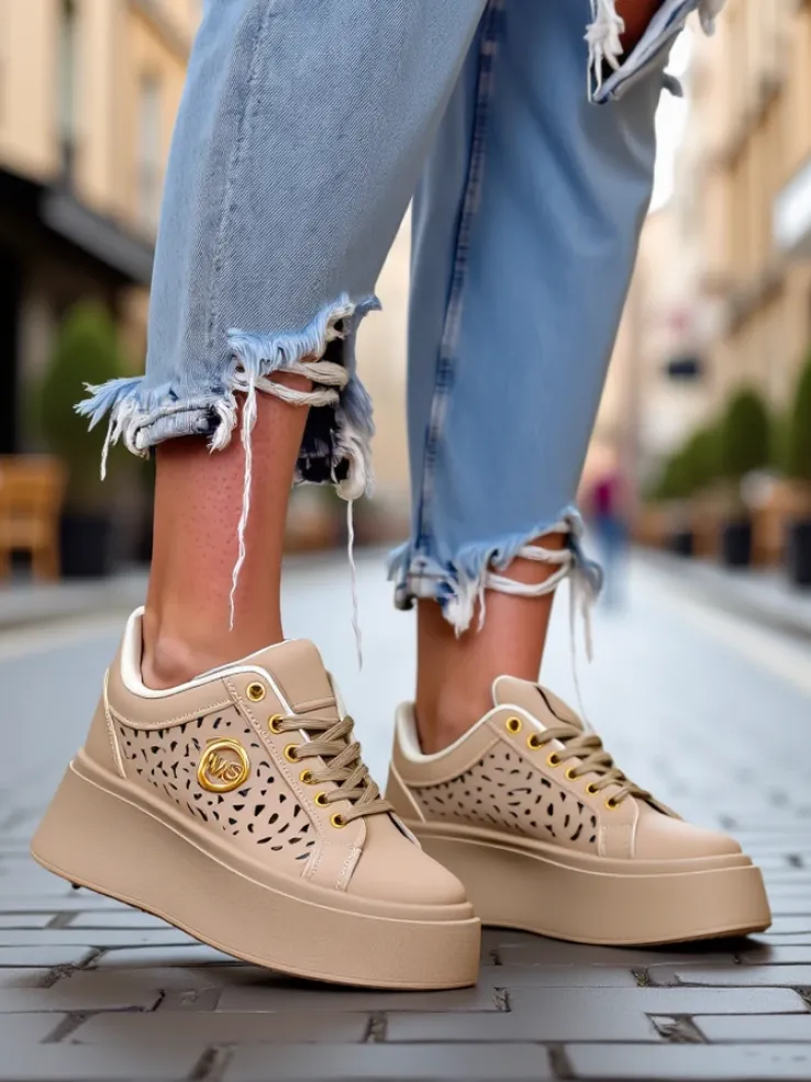 Cleo Ecru Platino – beżowe sneakersy na platformie Royalfashion skóra eko