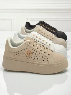 Cleo Ecru Platino – beżowe sneakersy na platformie Royalfashion skóra eko