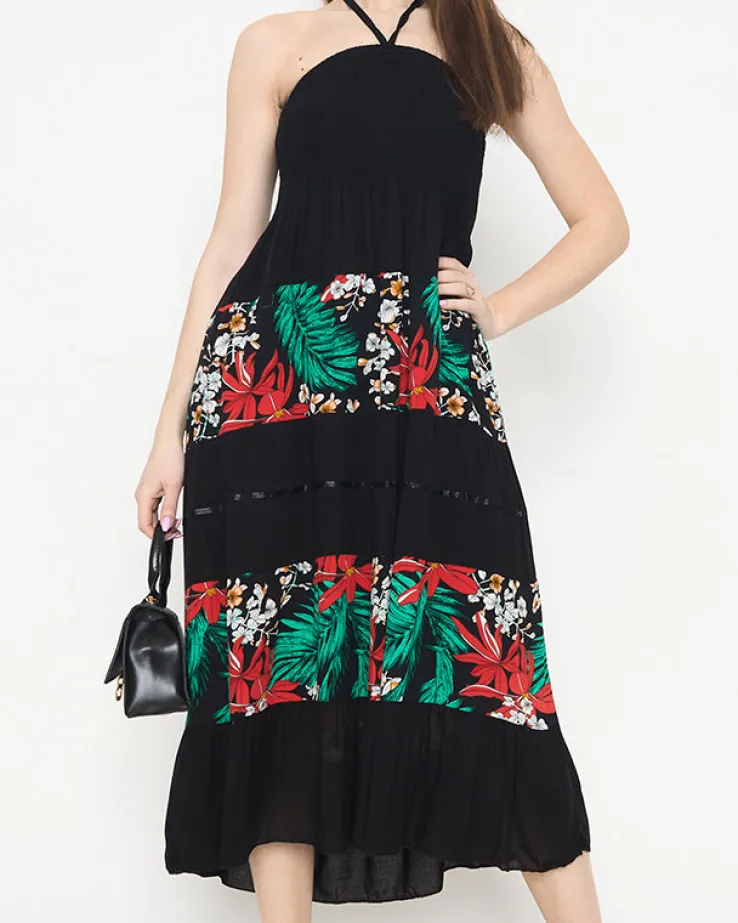 Czarna damska sukienka midi w kwiaty PLUS SIZE - Odzież