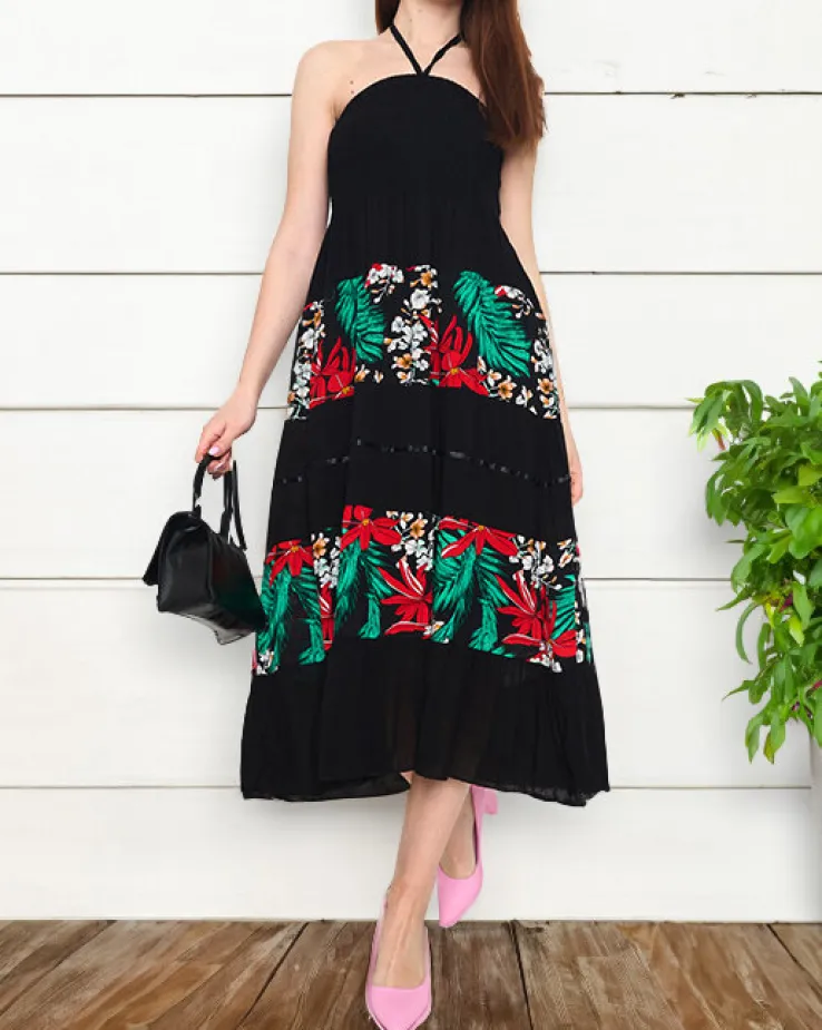 Czarna damska sukienka midi w kwiaty PLUS SIZE - Odzież