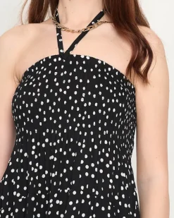 Czarna damska sukienka midi w groszki PLUS SIZE - Odzież