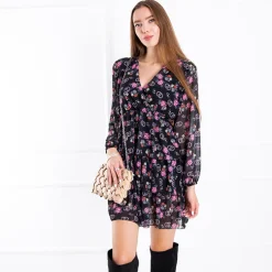 Czarna damska sukienka w kwiaty - Odzież