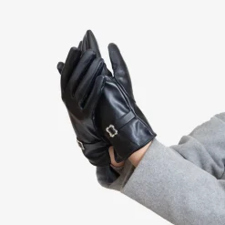 Czarne klasyczne damskie eko-skórzane rękawiczki z klamerką - Akcesoria
