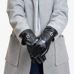 Czarne klasyczne damskie eko-skórzane rękawiczki z klamerką - Akcesoria