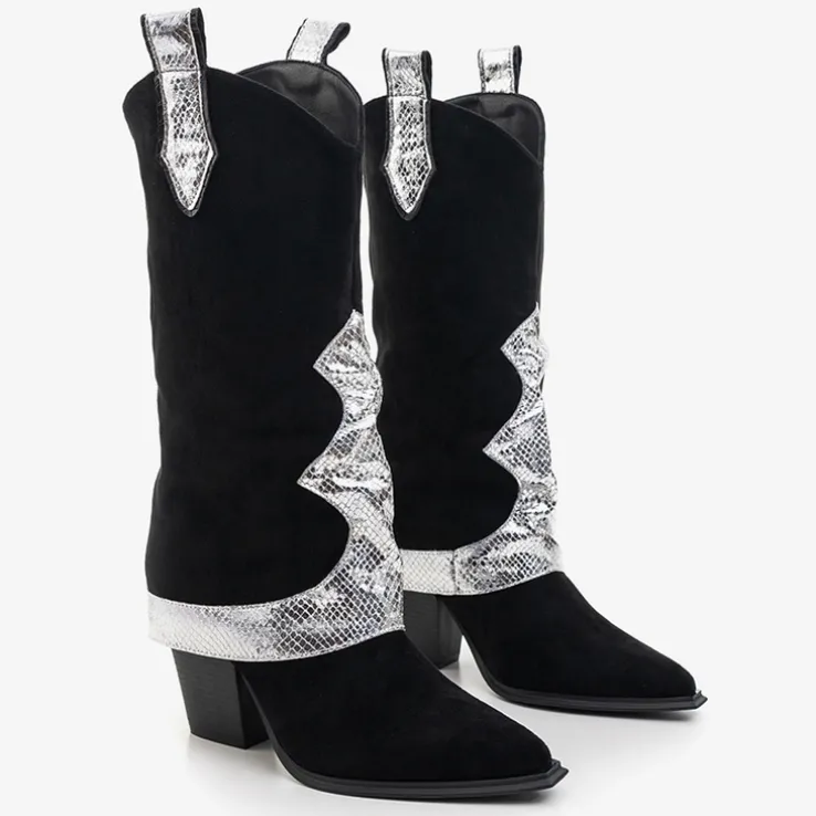 Czarne kozaki z ozdobną wywijaną cholewką Acilip - Obuwie