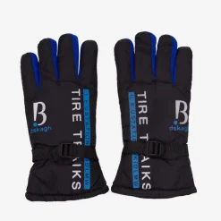 Czarne męskie ocieplane rękawice z napisami i kobaltowymi wstawkami - Akcesoria