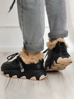 Czarne sportowe sneakersy damskie z futerkiem Nonua- Obuwie