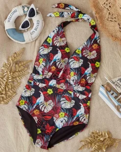 Czarno-żółty damski wzorzysty jednoczęściowy kostium kąpielowy - Odzież