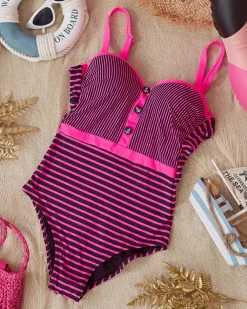 Czarny damski jednoczęściowy strój kąpielowy z różowymi paseczkami - Bielizna