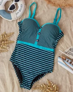 Czarny damski jednoczęściowy strój kąpielowy w miętowe paseczki - Bielizna