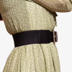 Czarny damski szeroki pasek z dużą złotą klamrą z cyrkoniami - Akcesoria