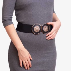 Czarny elastyczny szeroki pasek z ozdobną klamrą - Akcesoria