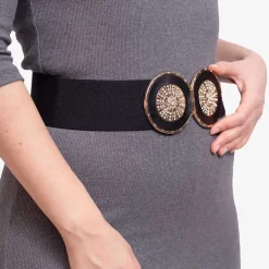Czarny elastyczny szeroki pasek z ozdobną klamrą - Akcesoria