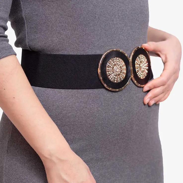 Czarny elastyczny szeroki pasek z ozdobną klamrą - Akcesoria