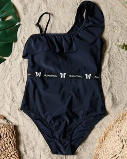 Czarny jednoczęściowy kostium kąpielowy damski z falbanką - Bielizna