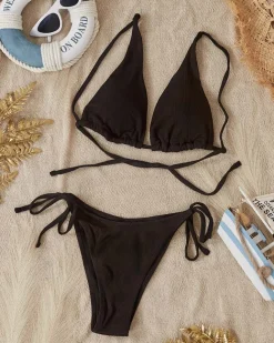 Czarny prążkowany dwuczęściowy strój kąpielowy damski PLUS SIZE - Bielizna