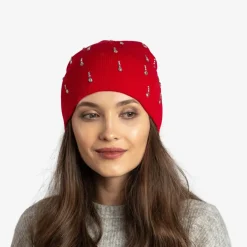 Czerwona damska czapka z cyrkoniami - Akcesoria