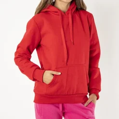Czerwona damska ocieplana bluza z kapturem - Odzież