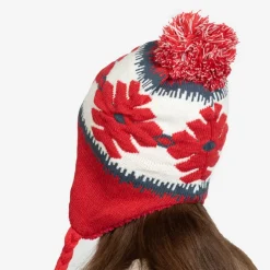 Czerwona damska ocieplana czapka w śnieżynki z pomponami - Akcesoria