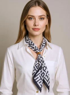 Damska apaszka Polyhymnia kremowa, geometryczny wzór, poliester