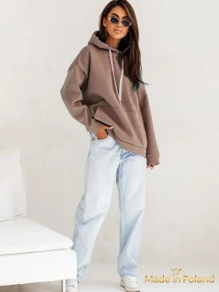Damska Bluza Kapuśniak Leonida Brązowa z Długim Rękawem
