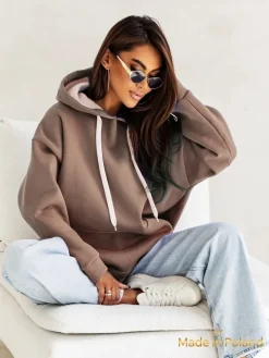 Damska Bluza Kapuśniak Leonida Brązowa z Długim Rękawem