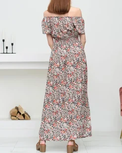 Damska czarna wzorzysta sukienka maxi- Odzież