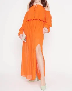 Damska pomarańczowa sukienka maxi hiszpanka - Odzież