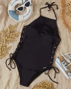 Damski jednoczęściowy kostium kąpielowy z ozdobnymi bokami w kolorze czarnym- Odzież