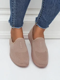 Damskie buty Aelia różowe z tkaniny, wygodne mokasyny na płaskim obcasie